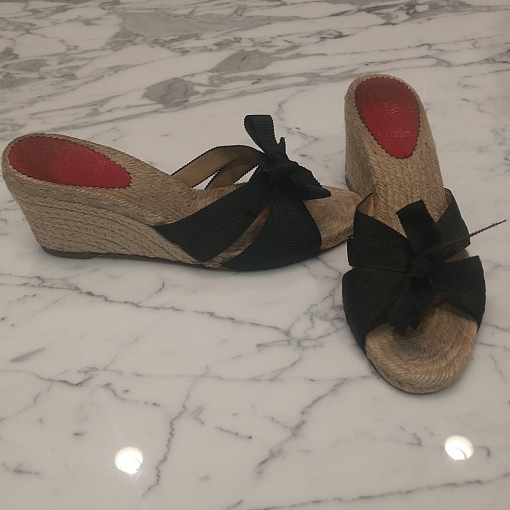 Louboutin Black ribbon wedges
